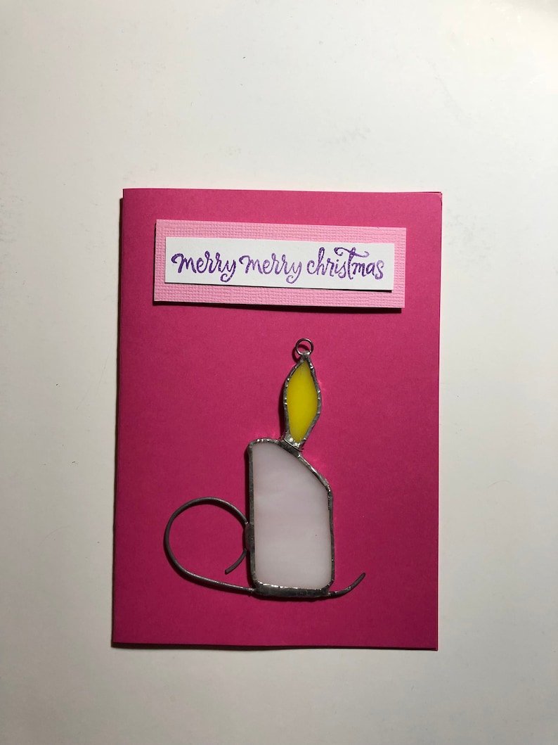 Gift in One Blank Insert Page Merry Christmas Leadlight Gift Card Stained Glass 13d Candle Mobile Attached to Card