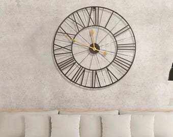 Large Round Dark Brown And Gold Metal Wall Clock Roman Numerals - Diameter 60cm