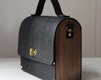 Handmade Reptile Embossed Leather & Walnut Wood Bag