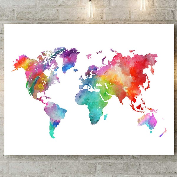 Rainbow World Map PRINTABLE Colorful Watercolor World Map Wall Art World Map Poster Map Print Digital Download Decor Wanderlust Travel Gift