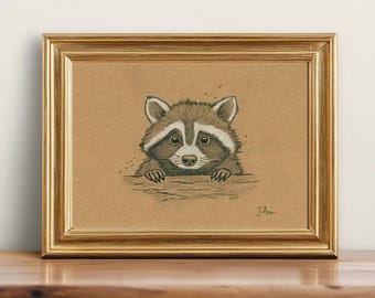 Original, NOT A PRINT - Raccoon drawing cute raccoon charcoal sketch minimalist art funny raccoon pencil artwork vintage style- Unframed art