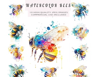 Bee Bumblebee Clipart - 10 JPEG de alta calidad - Arte de acuarela, Fabricación de tarjetas, Decoración de pared, Artesanía, Uso comercial, Abejas de panal de abejas