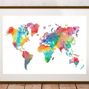 Aquarelle Love World Map -Printable World Map Wall Art Decor World Map Poster Print Nursery Wedding Gift Anniversary Gift Wanderlust Travel