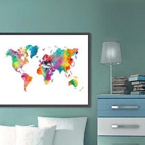 Watercolor World Map Printable, World Map Print World Map Poster World Map Wall Art Digital World Map Download Nursery Map World Map Decor image 4