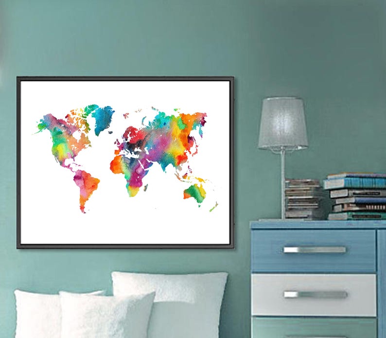Watercolor World Map Printable, World Map Print World Map Poster World Map Wall Art Digital World Map Download Nursery Map World Map Decor image 4