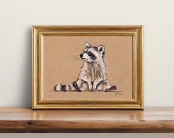 Origineel, GEEN PRINT - wasbeer tekening schattige wasbeer houtskoolschets minimalistische kunst grappige wasbeer potlood artwork vintage stijl-ingelijste kunst