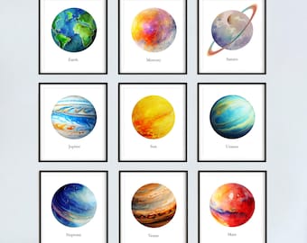 Set of 9 Watercolor Planets, Solar System PRINTABLE ART Poster