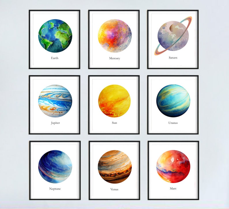 Set of 9 Watercolor Planets, Solar System PRINTABLE ART Poster Print ...