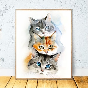 Three Cats Watercolor PRINTABLE ART Cat Print Cat Poster Cat Art Cat Decor Cat Painting Cat Lover Gift Cat owner gift Funny cat prints Pets