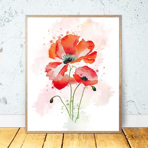 Watercolor Poppy PRINTABLE ART - Poppy Painting Plant Poppies Decor Poppy Poster Minimalist Botanical Drawing Flowers Print Flower Wall Art