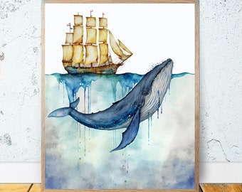 Watercolor Whale and Ship Painting- Watercolor PRINTABLE ART Whale Print Whales Wall Decor Whale Poster Whale and Boat Art Nursery Humpback