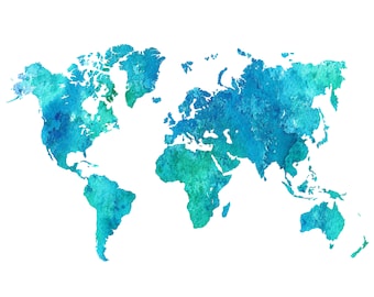 World Map Printable, Watercolor Blue World Map Wall Art, Blue World Map Print, World Map Digital Download World Map Poster Blue Map Decor