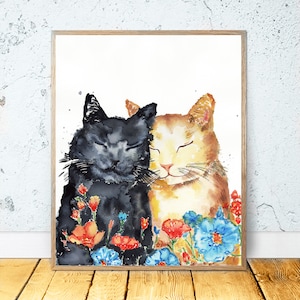 Loving cats Watercolor PRINTABLE ART Cat Print Cat Painting Black Cat Art Cat Lover Gift Black Cat Decor Cat Gifts Black Cat Print