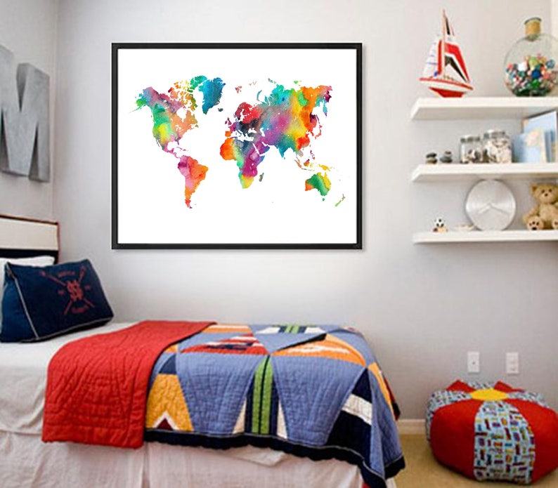 Watercolor World Map Printable, World Map Print World Map Poster World Map Wall Art Digital World Map Download Nursery Map World Map Decor image 5