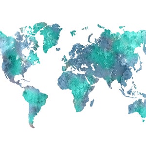 Teal Navy Blue World Map Print, Watercolor Teal Navy Blue World Map Poster Map Wall Art, Teal Navy Blue World Map Download World Map Decor