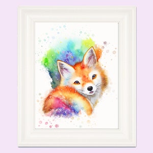 Fox Watercolor PRINTABLE ART Fox Print Fox Nursery, Fox Decor, Cute Fox, Fox Painting, Fox Animal Colorful Watercolor Painting Gift Children