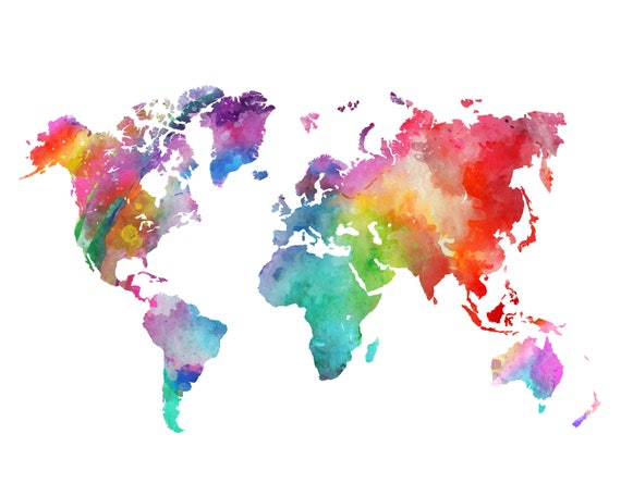 Rainbow World Map Printable Watercolor World Map Wall Art