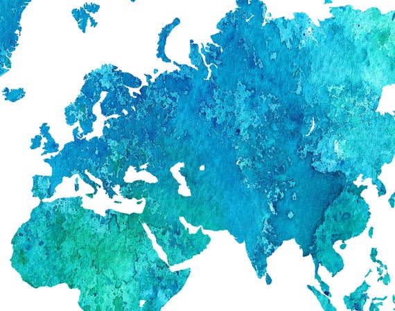 World Map Printable, Watercolor Blue World Map Wall Art, Blue