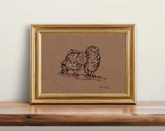 Funny Owl ORIGINAL, NOT A PRINT Ink Drawing Painting Cute Art Decor Gifts Funny Owls Cottage Core Decor Vintage Style Art Original Art