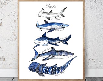 Watercolor Sharks Printable Art Sharks Print Nautical Decor Ocean Print Kids Room Decor Boys Sharks Poster Sharks Decor Whale Shark White