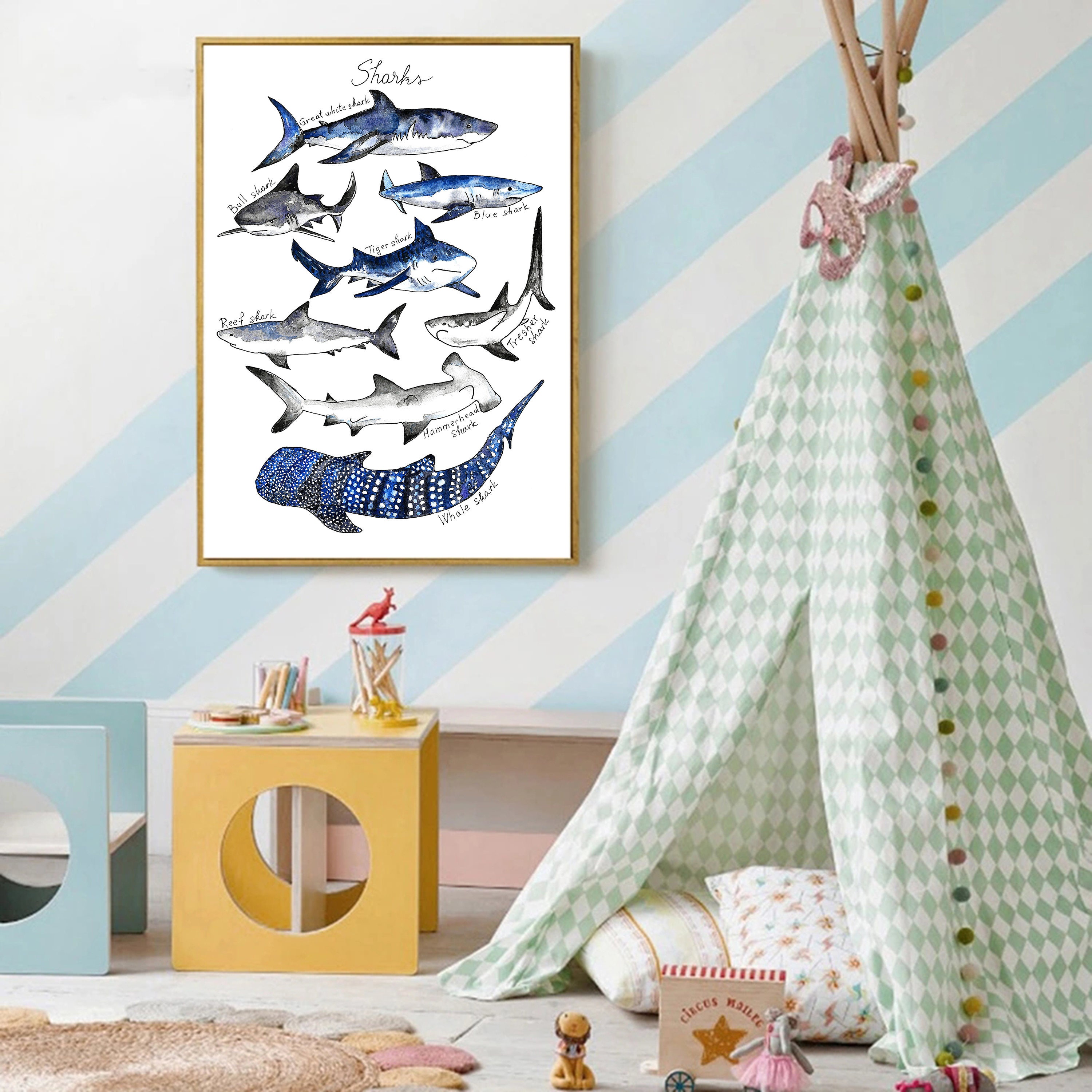 Watercolor Shark Print Nautical Decor Ocean Sharks Print Kids Room ...