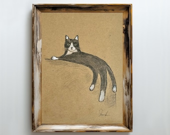 Original, NOT A PRINT - Cat drawing, cat charcoal sketch, minimalist art, funny black cat pencil artwork vintage style - Unframed art