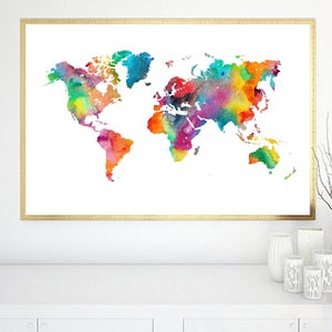 Watercolor World Map Printable, World Map Print World Map Poster World Map Wall Art Digital World Map Download Nursery Map World Map Decor image 3