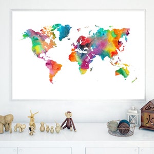 Watercolor World Map Printable, World Map Print World Map Poster World Map Wall Art Digital World Map Download Nursery Map World Map Decor image 2