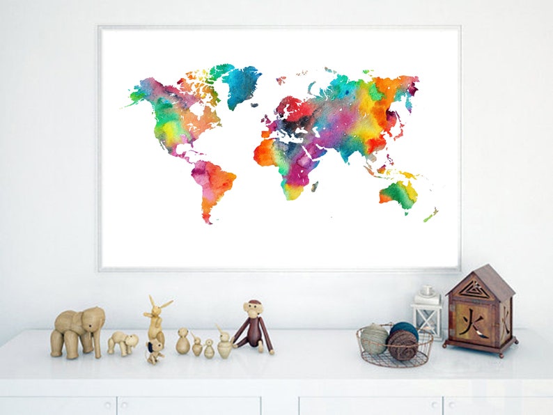 Watercolor World Map Printable, World Map Print World Map Poster World Map Wall Art Digital World Map Download Nursery Map World Map Decor image 2