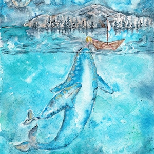 Aquarell Wale und Blonde Mädchen Malerei- Aquarell Wale Druck Wale Malerei Wal Poster Wal Wand Dekor Wal Kunst Blauwale