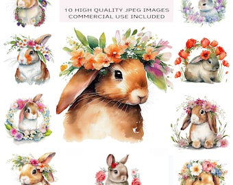 Easter Bunnies with Flowers Clipart - 10 High Quality JPEGs - Watercolor Art, Card Making, Wall Decor, Craft, Commercial Use, Bunny