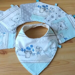 Baby birth gift, baby gift, washable wipes, bandana bib, birth kit.
