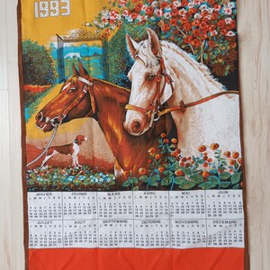 Vintage 1993 calendar tea towel, depicting horses, in cotton.
