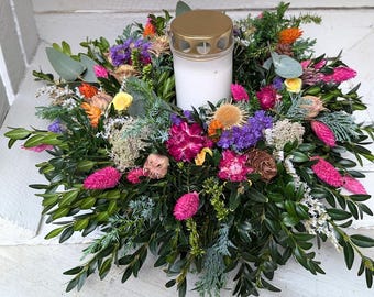 Grabkränzchen mit Grabkerze Friedhofgesteck Urnegesteck Trauer Herz Handarbeit Herz Handarbeit Trockenblumen Friedhof Beerdigung Urne