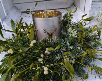 Tischgesteck Windlicht Kerzen Mistel Nordmannstanne Advent