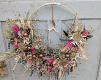 Türkranz Wandkranz  Loop Trockenkranz Geweih Silberdisteln Alpenland Jagd Herbst