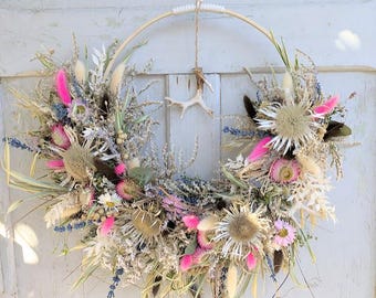 Türkranz Wandkranz  Loop Trockenkranz Geweih Silberdisteln Alpenland Jagd Herbst