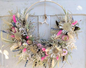 Türkranz Wandkranz Hoop Trockenkranz Geweih Silberdisteln Alpenland