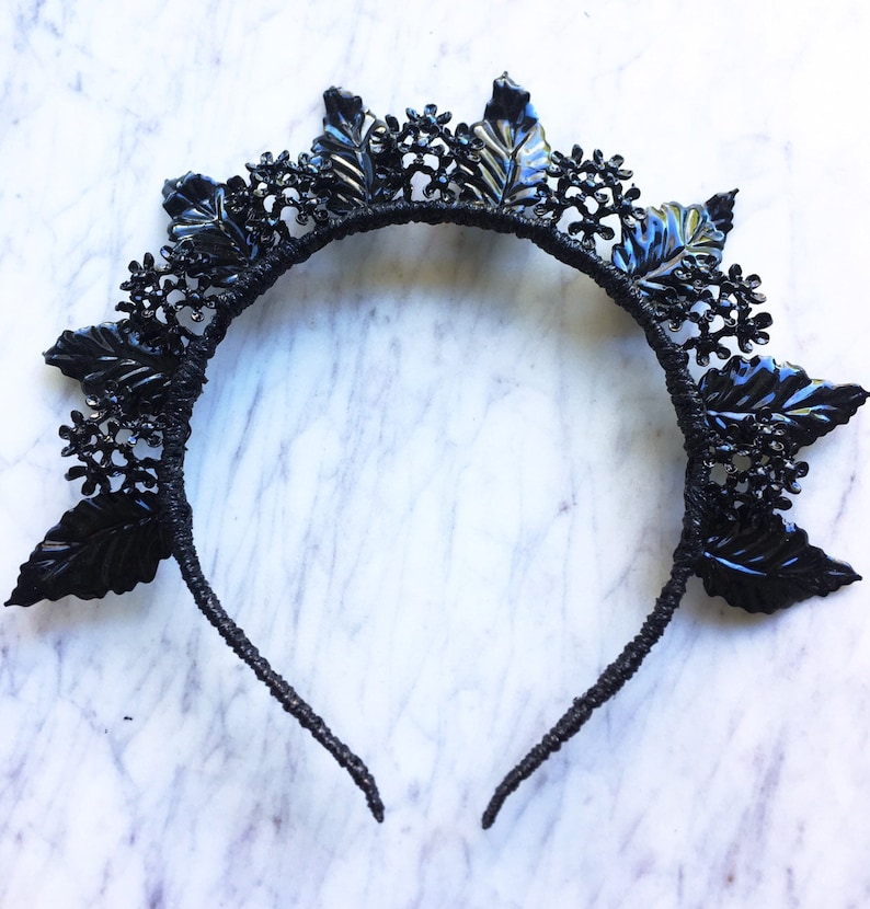Matte Black fascinator metal crown black headpiece black crown flowers leaves Floral Crown leafy. flower crown