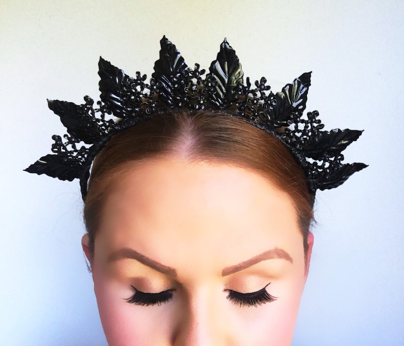 Matte Black fascinator metal crown black headpiece black crown flowers leaves Floral Crown leafy. flower crown