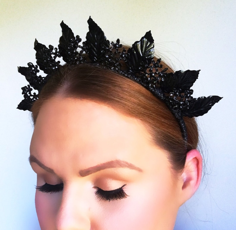 Matte Black fascinator metal crown black headpiece black crown flowers leaves Floral Crown leafy. flower crown