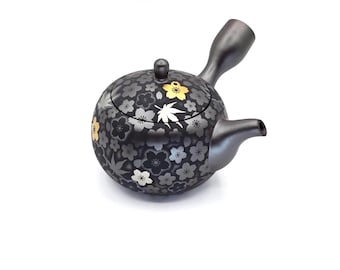 Japanese Teapot by Suigetsu III - Banko Yaki Kyusu Teapot, Sakura and Maple with Real Gold Accents