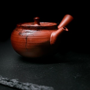 Peut inclure: Une théière de couleur terre cuite avec une anse latérale et un couvercle. Le corps de la théière présente un motif sombre, ramifié et craquelé gravé sur la surface. Le bec est court et incliné, et le couvercle possède un petit bouton central.