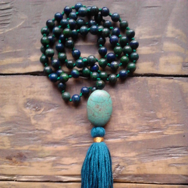 Chrysocolla Mini Mala  / 72 Beads / Gemstone Necklace / Hand Knotted / Meditation / Prayer Beads / Handmade Cotton Tassel / I Feel Empowered