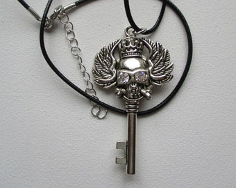 Silver Skull Necklace / Swarovski Crystal Necklace / Black Cord Necklace / Trinity Necklace / Skeleton Key Necklace