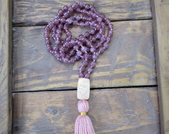 Lepidolite Mala / Hand-Knotted Mala / 108 Bead / Prayer Beads / Meditation / Pink Beaded Necklace /  Cotton Tassel Necklace /  Tranquility