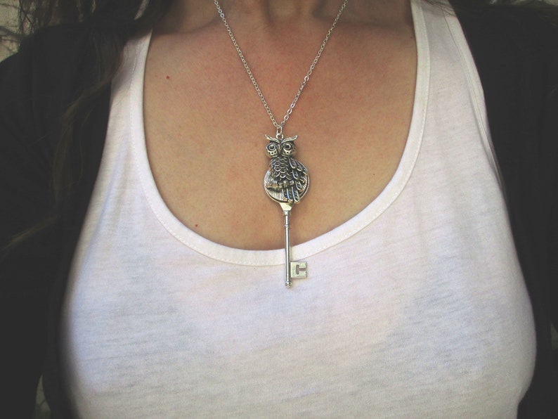 Intuition Necklace Owl Skeleton Key Necklace Owl Animal Totem Gothic Fashion Steampunk Jewellery Owl Charm Necklace Owl and Moon