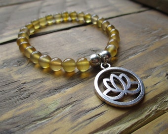 Agate Bracelet / Agate Charm Bracelet / Calming Lotus Bracelet / Gemstone Bracelet / Silver Lotus Bracelet / Yellow Elasticated Bracelet /