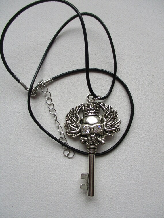 Silver Skull Necklace Swarovski Crystal Necklace Black Cord