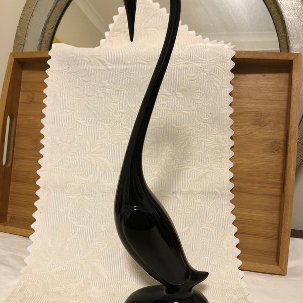 Mid Century Vintage Black Swan/Thin and Elegant Tall Black Glazed Ceramic Swan
